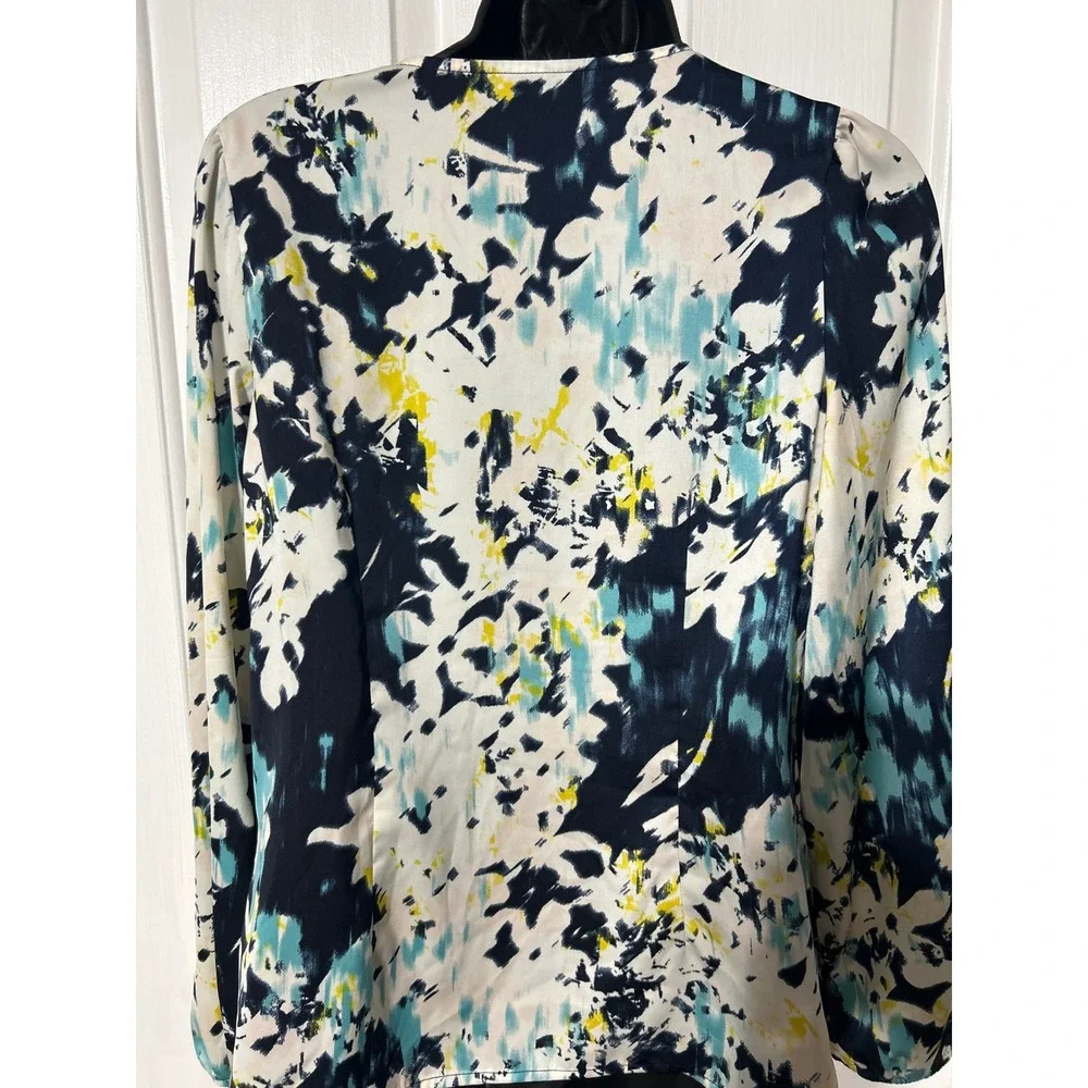 Banana Republic Womens Small Navy Teal Abstract Floral Ruched V-Neck Blouse Top